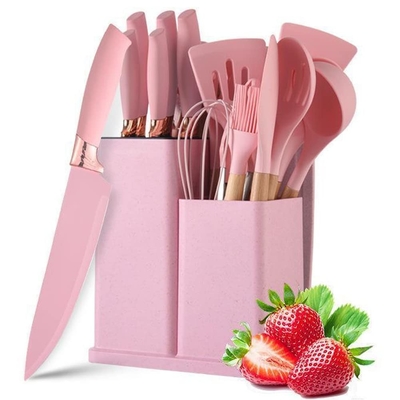 良い価格 19pcs ノンスティック シリコン キッチン用具 スパチュラ セット ホールダー付き 木製ハンドル シリコン キッチンガジェット オンライン