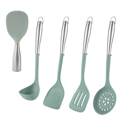 5Pcs ノンスティック キッチン用具 シリコン キッチン用具 セット シリコン キッチン用具 ステンレスハンドル付き ギフト