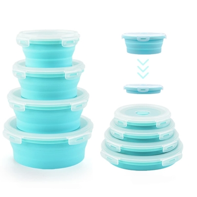 良い価格 キャンピング用 折りたたむボウル 蓋付き4つのシリコン食品保管容器 シリコンランチボックス BPAフリーオーブンセーフ オンライン