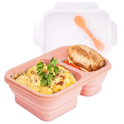 良い価格 2つのコンパートメント 蓋付き 折りたたむ ランチ容器 食器付き 折りたたむ シリコン ベント 大人用 BPA 無料 オンライン